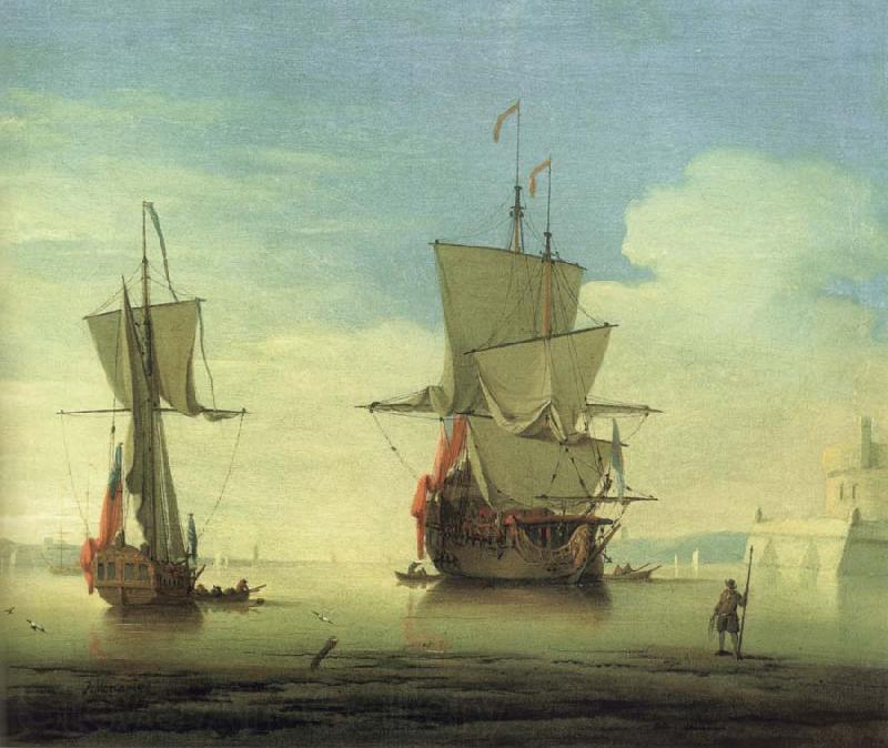 Monamy, Peter A fifty gun two-decker,at sea near a coast Spain oil painting art